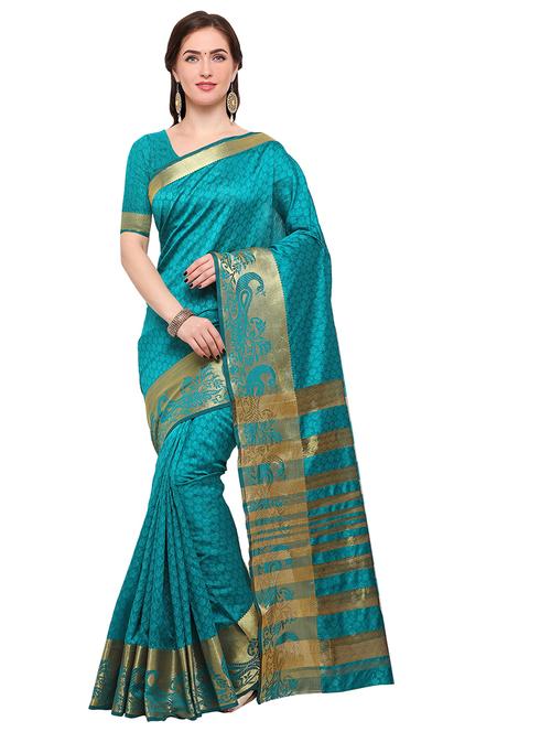 turquoise silk blend woven saree with blouse - 15164887 - Very Small Image - 1