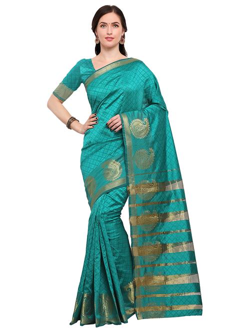 turquoise silk blend woven saree with blouse - 15164888 - Very Small Image - 1