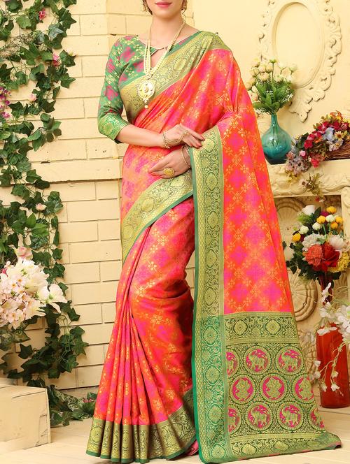 orange cotton silk patola saree with blouse - 15164913 - Very Small Image - 1