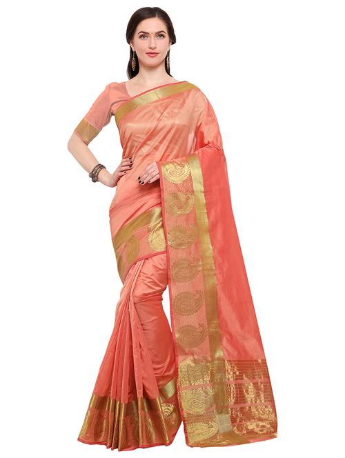 peach silk blend bordered saree with blouse - 15164930 - Very Small Image - 1
