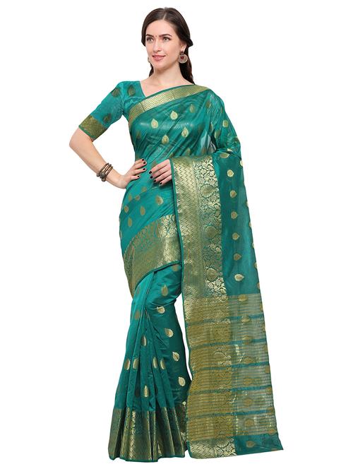 turquoise silk blend banarasi saree with blouse - 15164936 - Very Small Image - 1