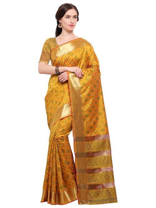 mustard ikat silk saree with blouse - 15164947 - Very Small Image - 1