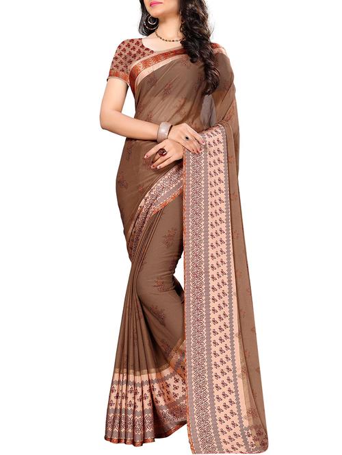 brown georgette printed saree with blouse - 15167807 - Very Small Image - 1