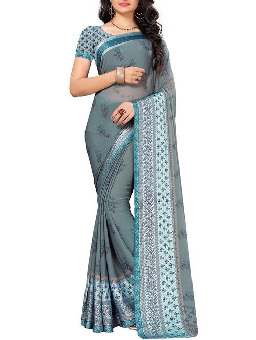 blue georgette printed saree with blouse - 15167810 - Very Small Image - 1