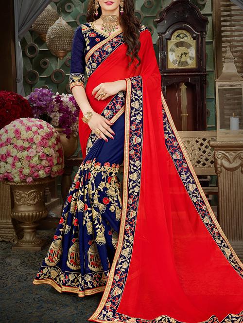 red georgette half & half saree - 15168012 - Very Small Image - 1