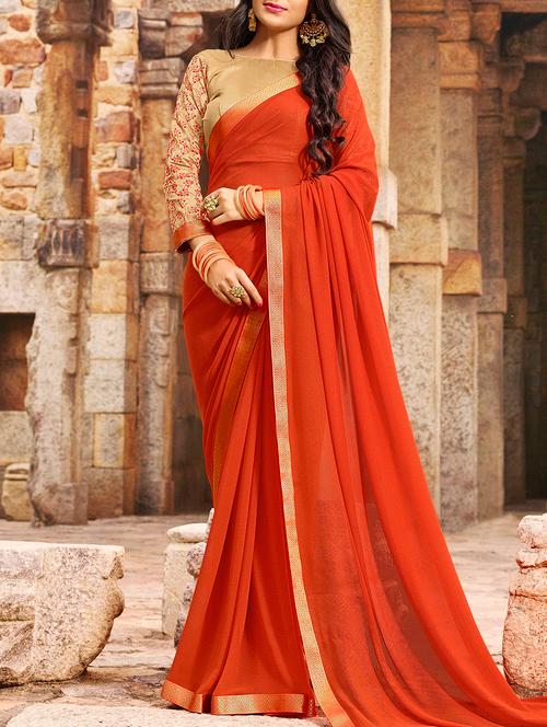 orange georgette printed saree with blouse - 15170667 - Very Small Image - 1