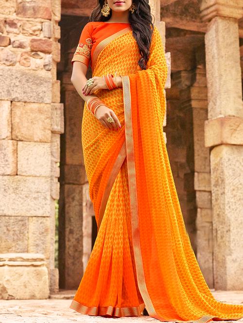yellow georgette printed saree with blouse - 15170670 - Very Small Image - 1