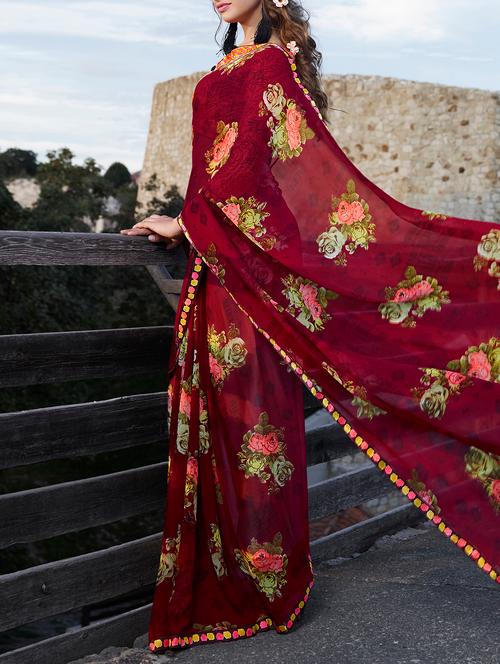 maroon georgette printed saree with blouse - 15170684 - Very Small Image - 1