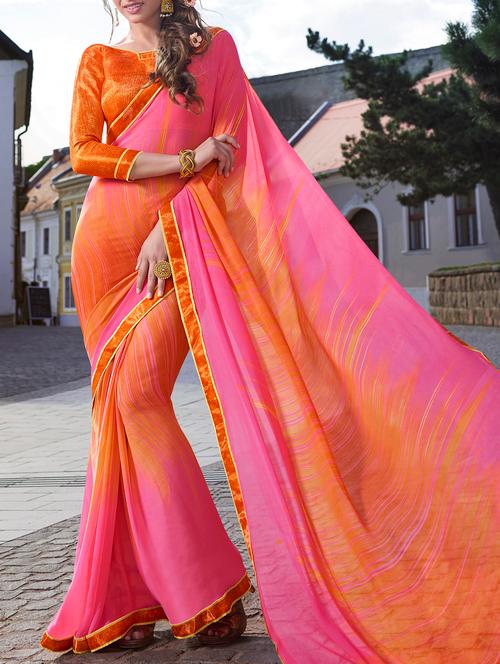 contrast shades printed saree with blouse - 15170688 - Very Small Image - 1