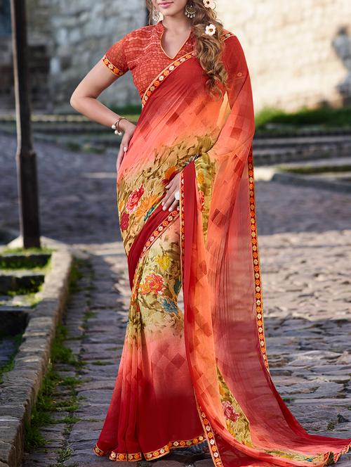 maroon georgette printed saree with blouse - 15170693 - Very Small Image - 1