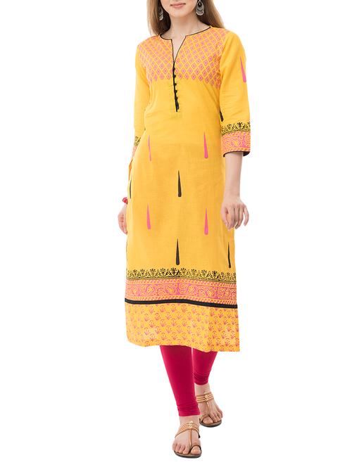 yellow cotton straight kurta - 15171132 - Very Small Image - 1