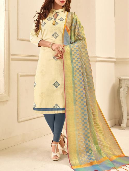 cream embroidered unstitched churidaar suit - 15171543 - Very Small Image - 1