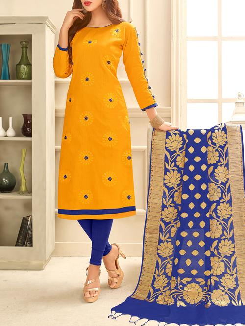 yellow embroidered unstitched churidaar suit - 15171550 - Very Small Image - 1