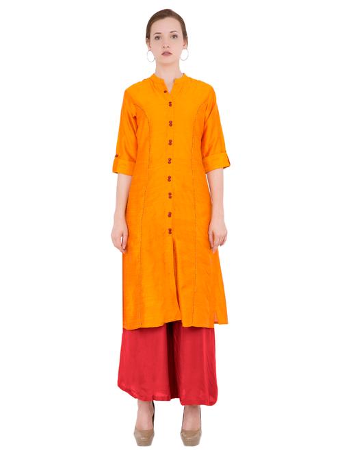 yellow silk straight solid kurta - 15171972 - Very Small Image - 1
