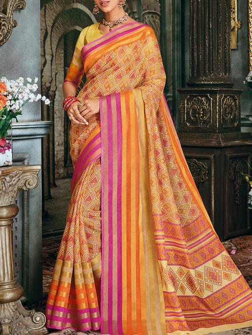yellow silk blend printed saree with blouse - 15173182 - Very Small Image - 1