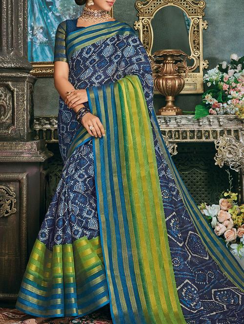 indigo borgered saree with blouse - 15173186 - Very Small Image - 1
