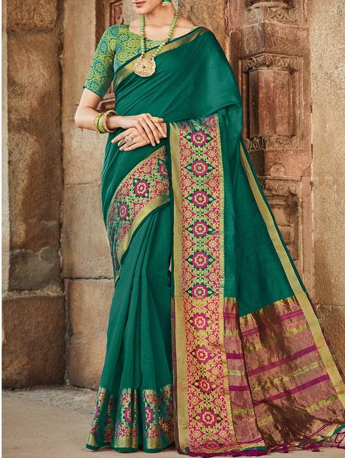 green silk blend bordered saree with blouse - 15173203 - Very Small Image - 1