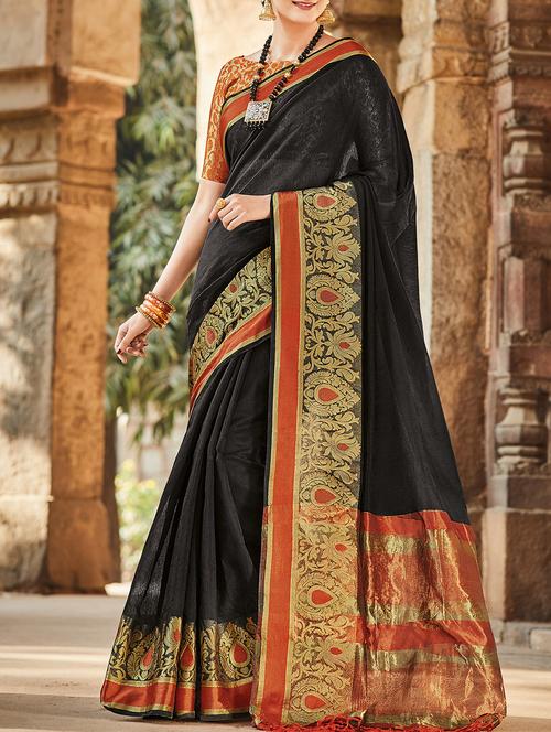 black silk blend bordered saree with blouse - 15173204 - Very Small Image - 1
