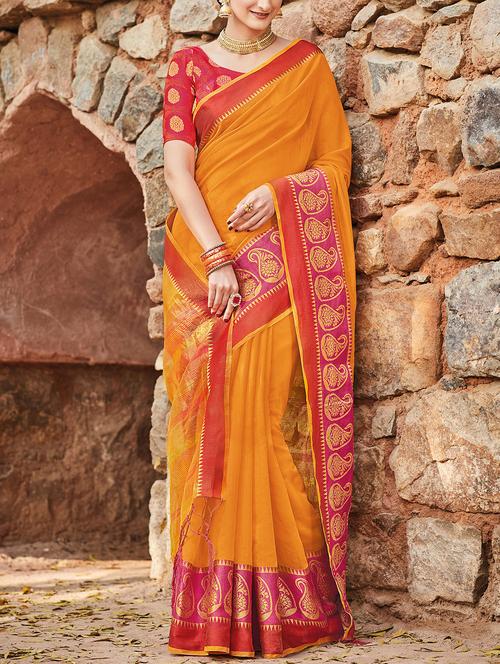 yellow silk blend bordered saree with blouse - 15173213 - Very Small Image - 1
