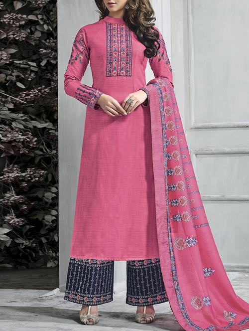 pink embroidered semi-stitched palazzo suit - 15173538 - Very Small Image - 1