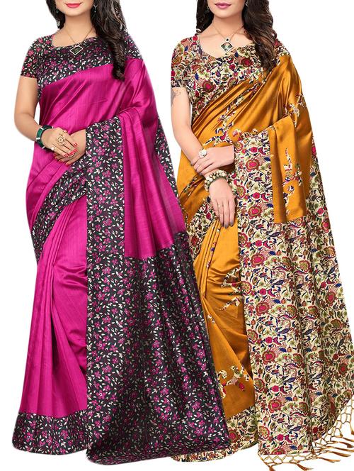 set of 2 multicolor silk blend printed saree combo - 15176553 - Very Small Image - 1