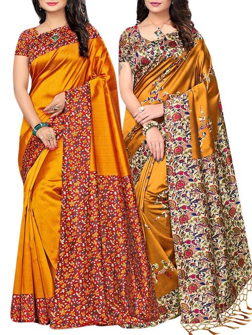 set of 2 mustard silk blend printed saree combo - 15176564 - Very Small Image - 1
