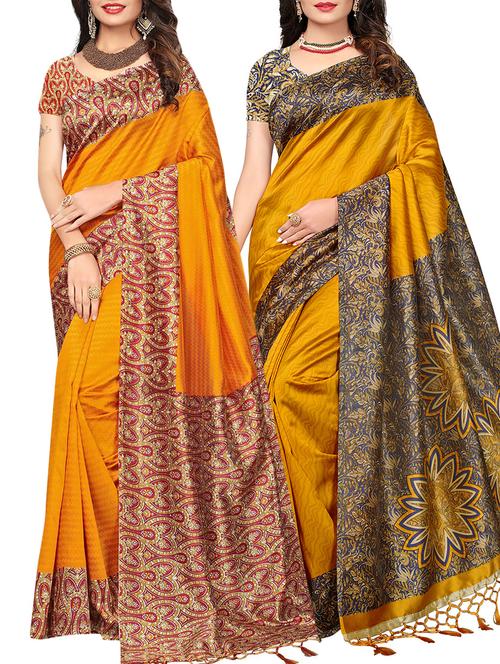 set of 2 mustard silk blend printed saree combo - 15176581 - Very Small Image - 1