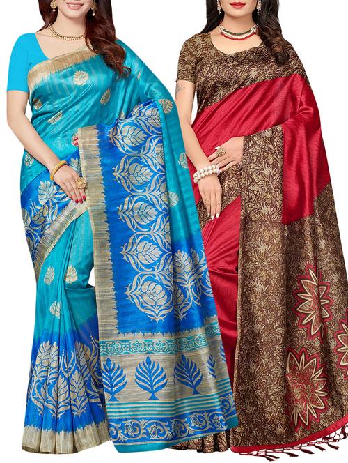 set of 2 multicolor silk blend printed saree combo - 15176605 - Very Small Image - 1