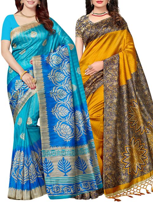 set of 2 multicolor silk blend printed saree combo - 15176609 - Very Small Image - 1