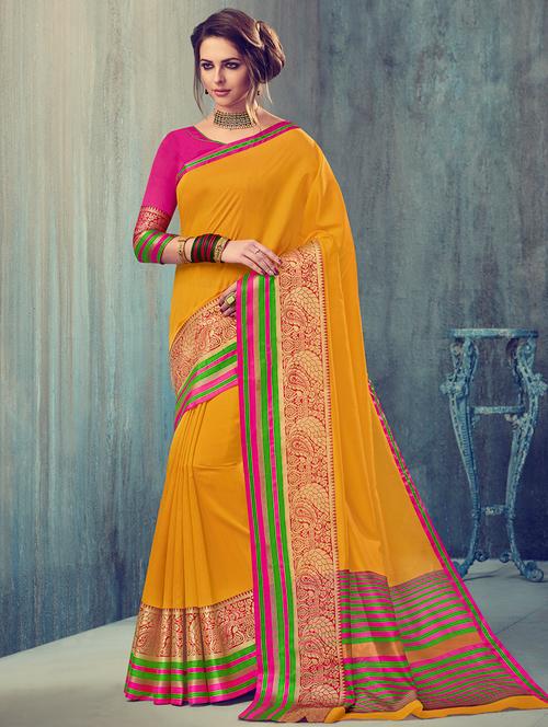 yellow silk blend bordered saree with blouse - 15176781 - Very Small Image - 1