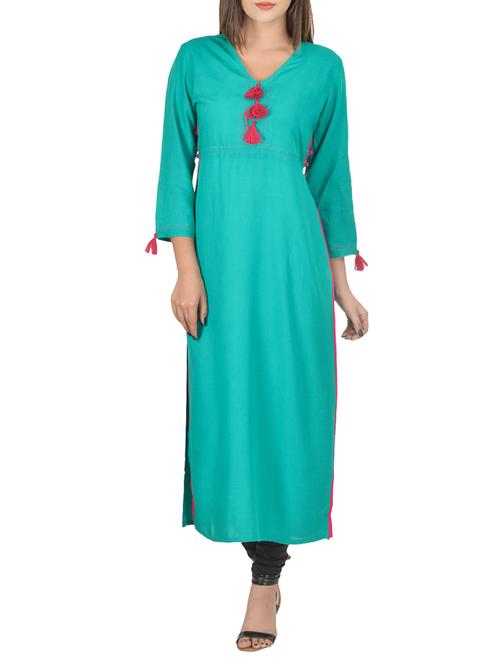 turquoise cotton straight solid kurta - 15177491 - Very Small Image - 1