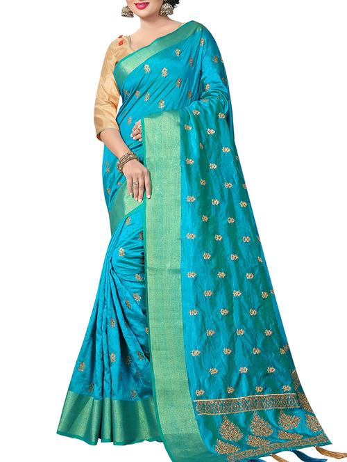 turquoise silk embroidered saree with blouse - 15177613 - Very Small Image - 1
