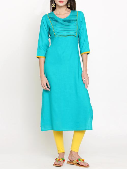 turquoise rayon straight solid kurta - 15179870 - Very Small Image - 1