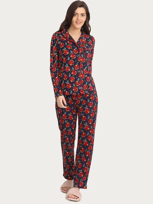 navy blue printed cotton nightwear pajama set - 15180774 - Very Small Image - 1