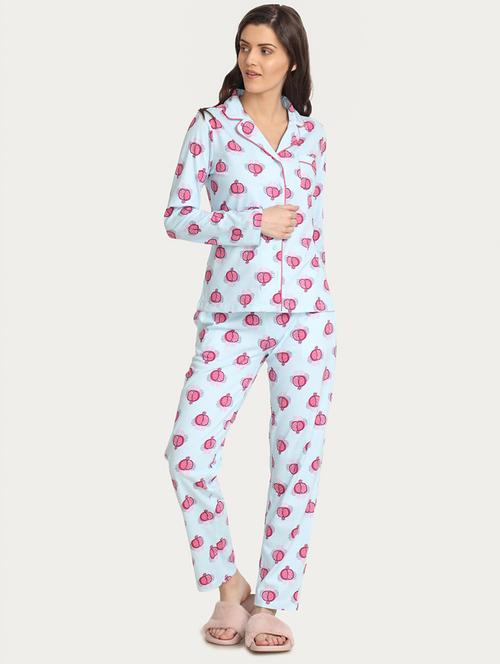 light blue printed cotton nightwear pajama set - 15180775 - Very Small Image - 1