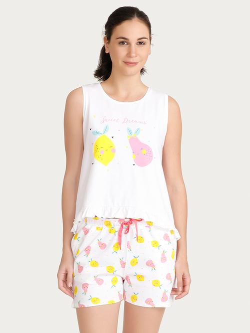 white printed cotton nightwear shorts set - 15180780 - Very Small Image - 1