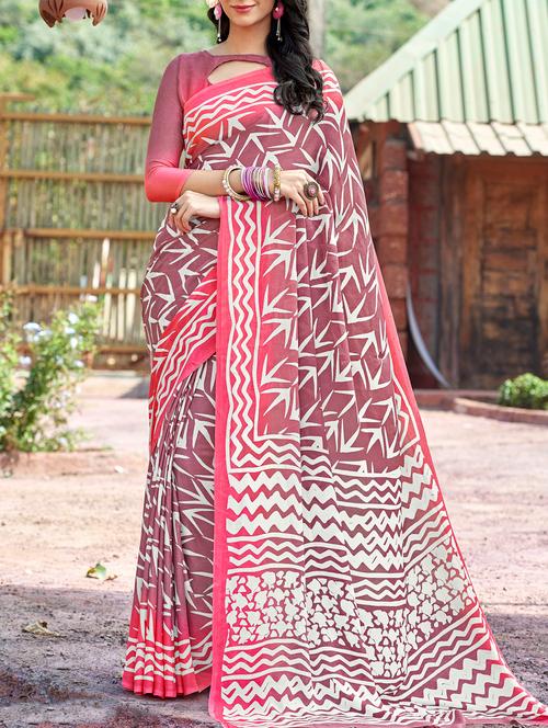 pink georgette printed saree with blouse - 15181683 - Very Small Image - 1