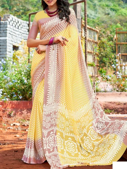 yellow georgette printed saree with blouse - 15181684 - Very Small Image - 1