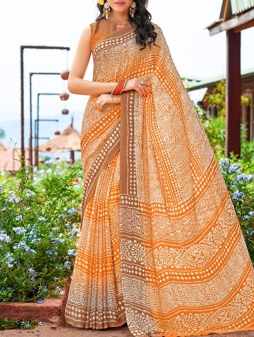 orange georgette printed saree with blouse - 15181699 - Very Small Image - 1