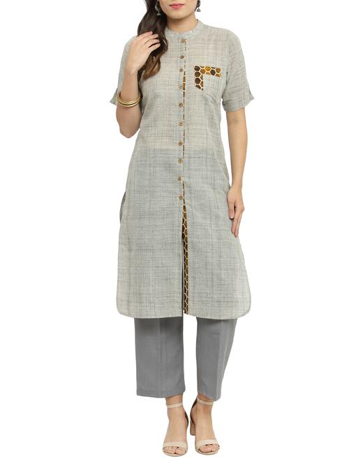 contrast placket slit sleeved kurta with pant - 15182792 - Very Small Image - 1