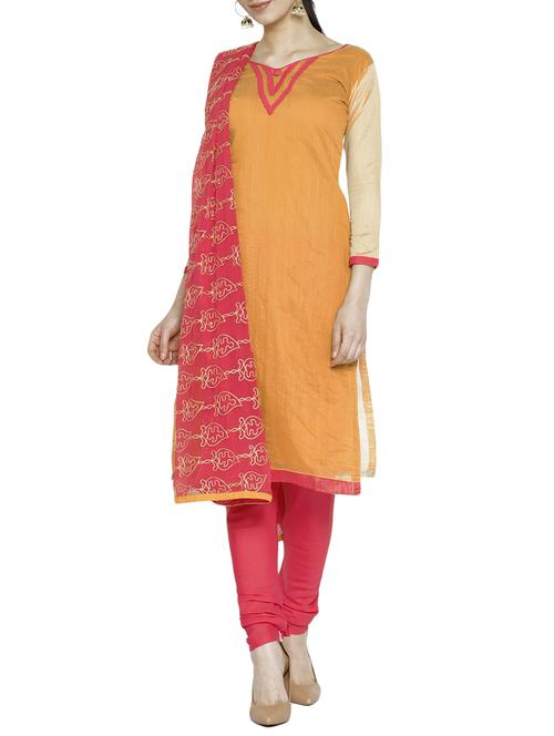 yellow chanderi cotton unstitched churidaar suit - 15184322 - Very Small Image - 1