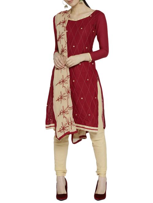 maroon chanderi cotton unstitched churidaar suit - 15184329 - Very Small Image - 1