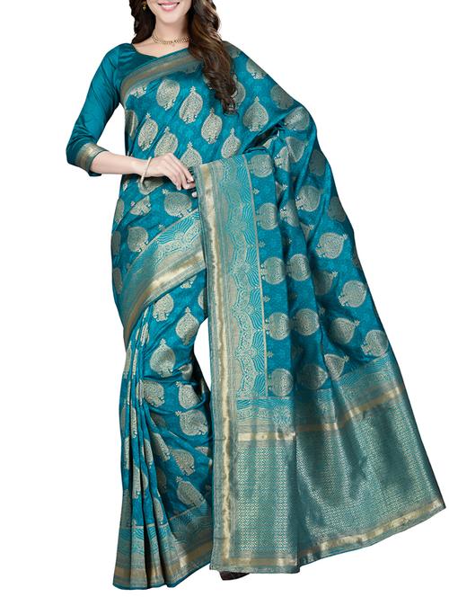 turquoise silk blend saree with blouse - 15184732 - Very Small Image - 1