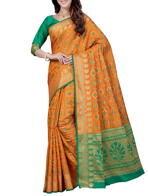 orange silk blend saree with blouse - 15184745 - Very Small Image - 1