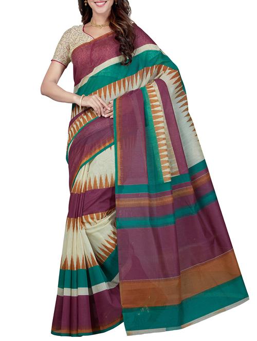 cream cotton blend printed saree with blouse - 15184750 - Very Small Image - 1