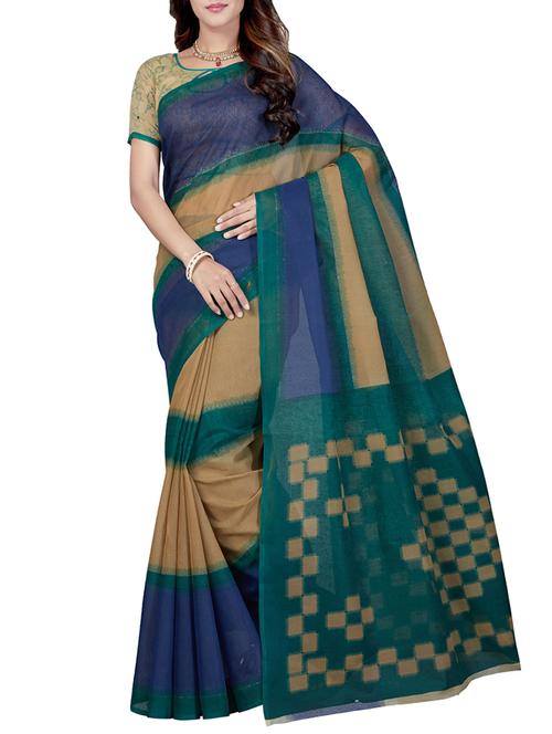 beige cotton blend printed saree with blouse - 15184751 - Very Small Image - 1
