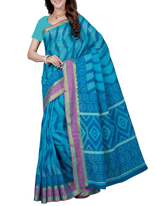 sky blue cotton blend printed saree with blouse - 15184757 - Very Small Image - 1
