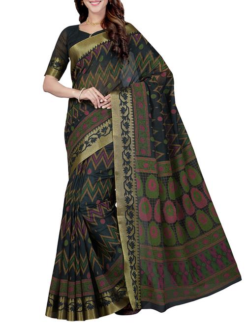 black cotton blend printed saree with blouse - 15184759 - Very Small Image - 1