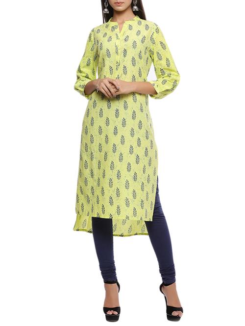 yellow cotton highlow kurta - 15186900 - Very Small Image - 1