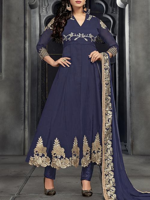 blue embroidered semi-stitched anarkali suit - 15187838 - Very Small Image - 1